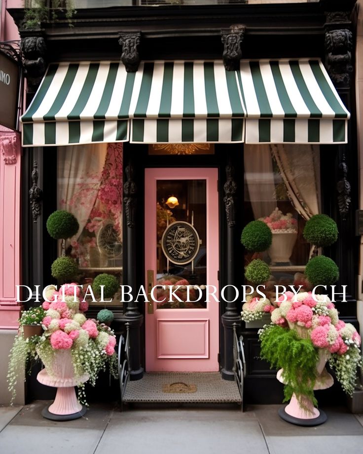 two pink vases with flowers in front of a store