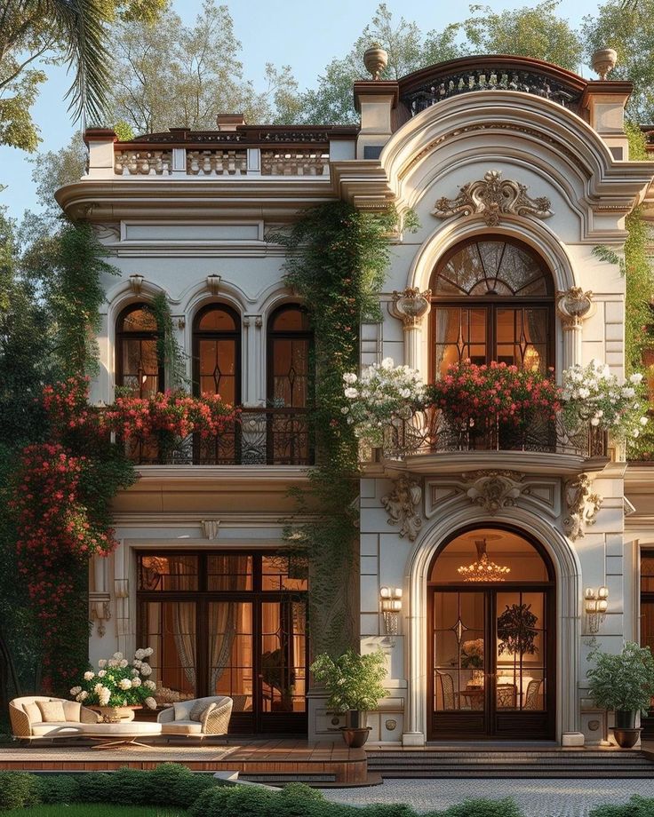 this is an artist's rendering of a house with flowers on the balconies