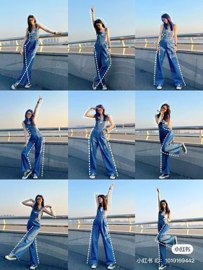 multiple pictures of a woman in overalls and heels posing on the side of a building