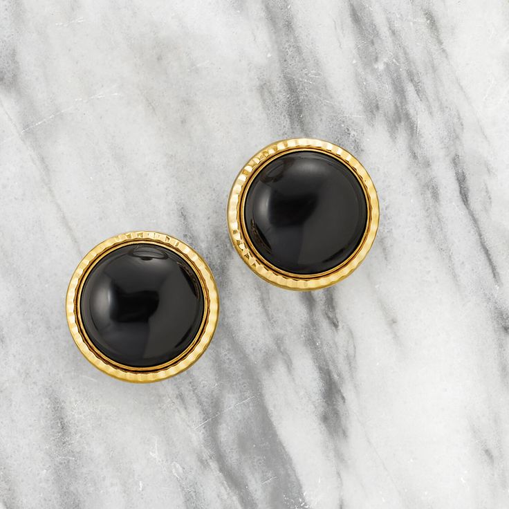 Ross-Simons - 12mm Black Onyx Stud Earrings in 14kt Yellow Gold. So classic. And so chic. This pair of black onyx stud earrings is just right for the office and so sophisticated at night. Here, 12mm black onyx cabochons are set in ridged 14kt yellow gold. Post/clutch, black onyx stud earrings. Elegant Black Enamel Round Earrings, Classic Black Enamel Earrings For Anniversary, Classic Black Earrings For Formal Occasions, Luxury Black Round Clip-on Earrings, Luxury Black Clip-on Earrings For Formal Occasions, Black Clip-on Jewelry For Anniversary, Black Clip-on Jewelry For Formal Occasions, Anniversary Black Clip-on Jewelry, Classic Yellow Gold Earrings With Black Enamel