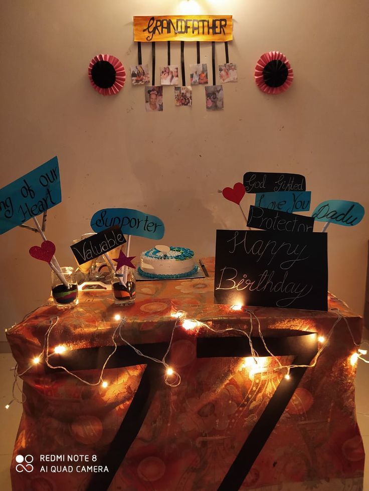 a table topped with lots of signs and lights