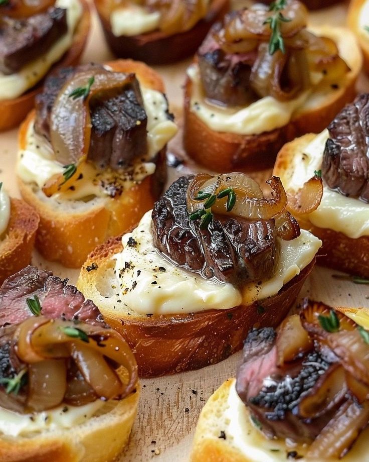 small appetizers with meat and cheese on bread