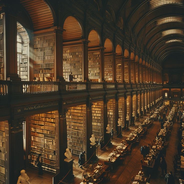 an old library filled with lots of books and people sitting at tables in front of them