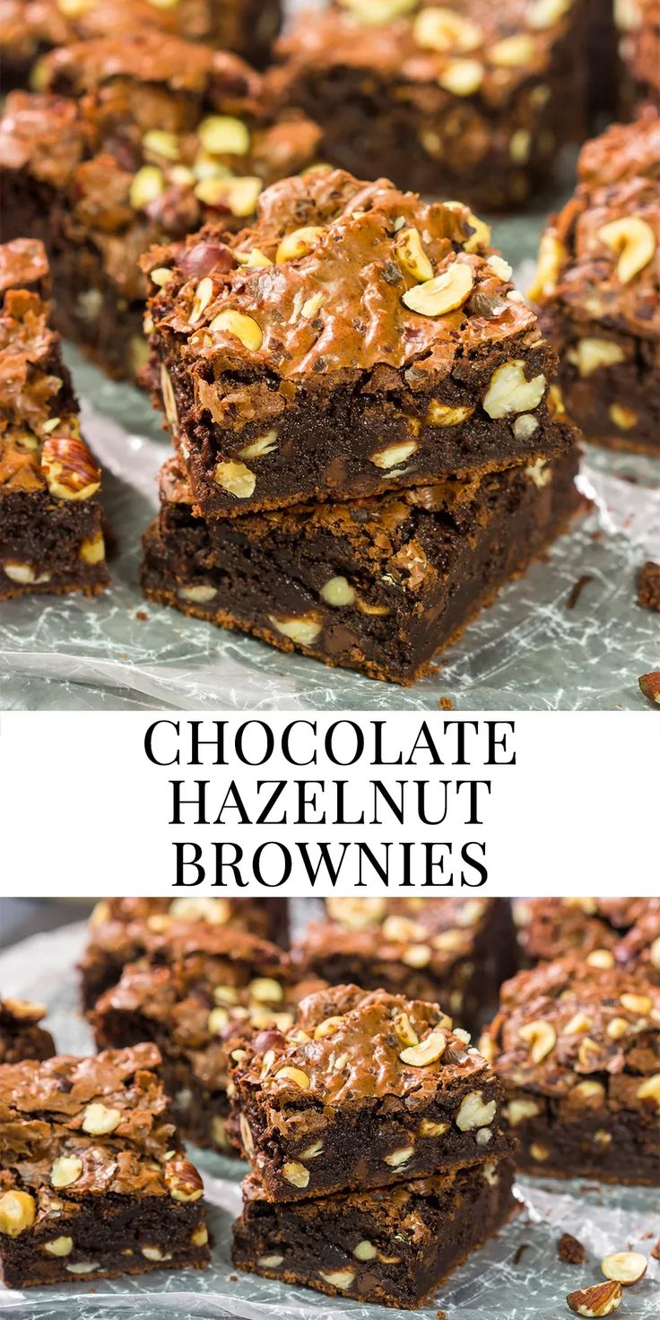 chocolate hazelnut brownies stacked on top of each other with the words, chocolate hazelnut brownies