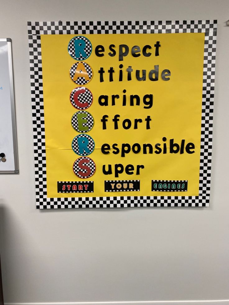 a yellow sign hanging on the side of a white wall next to a black and white checkered floor