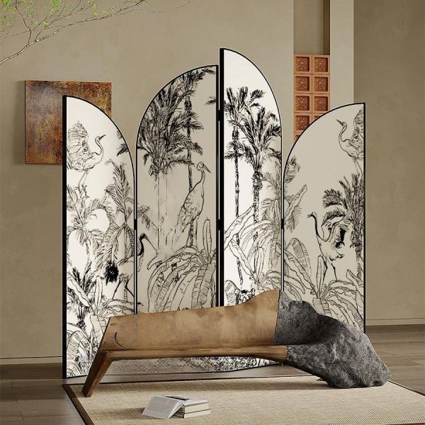 Chinoiserie Screen, Zhuhai, Folding Room Dividers, Small Space Living Room, Folding Screen, Tropical Style, Small Space Living, Furniture For Small Spaces, Black Wood