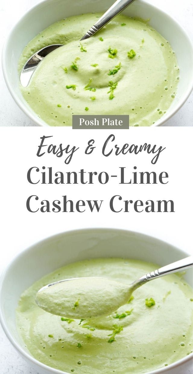 two white bowls filled with creamy cilantro - lime cashew cream