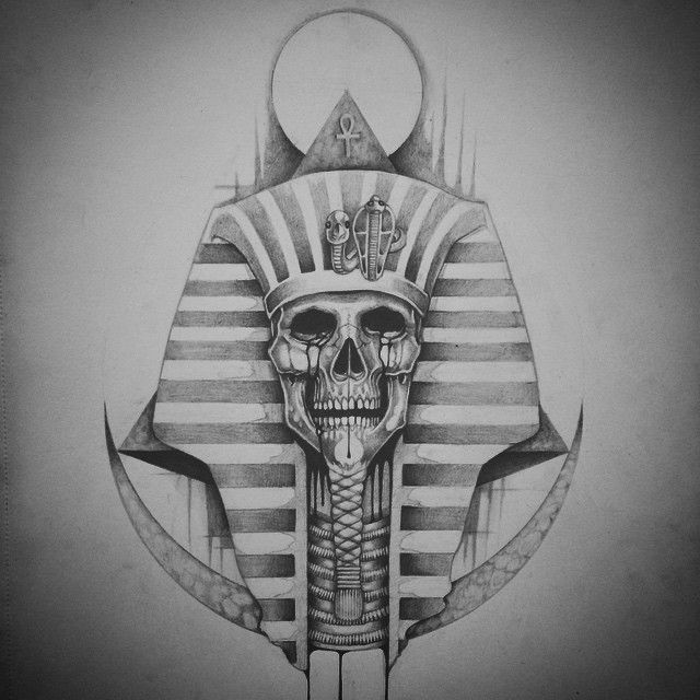 a drawing of an egyptian pharaoh skull with two swords and a crown on it's head