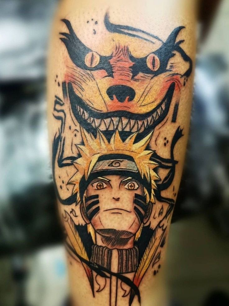 a man with a tattoo on his leg has an image of a demon and a wolf