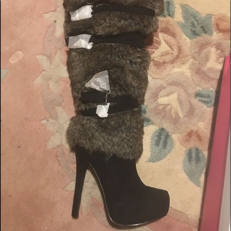 These Fur Topped Leg Boots Are Ready To Keep You Warm In Winter And In Style. Fluffy Heel Boots, Winter Heeled Boots For Night Out With Closed Toe, Winter Closed Toe Heeled Boots For Night Out, Winter Heeled Boots For Night Out, Winter Night Out Heeled Boots With Closed Toe, Shoe References, Fluffy Heels, Pink Platform Heels, Baby Fall