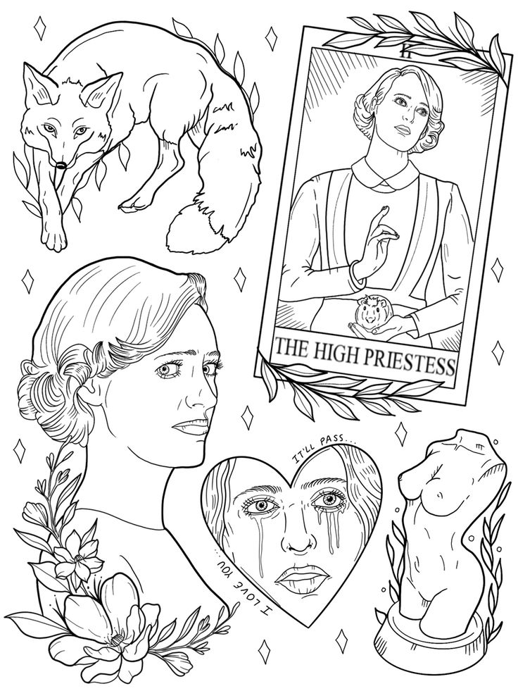 the high priestess coloring page for adults and children with pictures of animals, flowers, and hearts