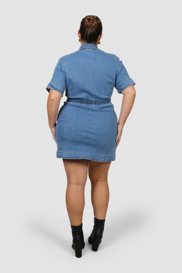 The dress that sells out every time. Our Saveira Denim Dress is the perfect combination of comfort and style! Made from our signature stretchy denim this dress has a great amount of stretch and structure for the perfect fit. Saveira is mini in length and features a collared neckline, button-up front with a reinforced hidden zipper and contrast stitch detailing. Why you'll love it: You won't believe how comfortable this dress is, she's a stretchy dream Saveira has an entirely elastic back You'll Quality Dresses, Denim Mini Dress, Australian Fashion, Black Tights, Contrast Stitch, Dress Blue, Hidden Zipper, Perfect Dress, Denim Dress