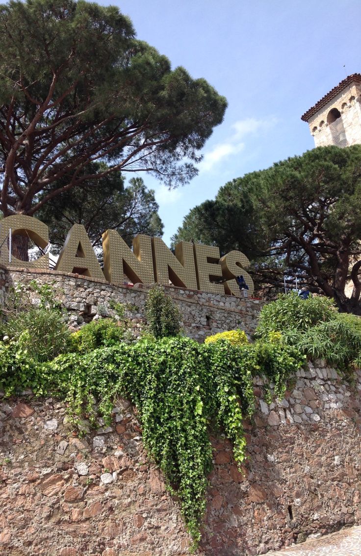 a stone wall with vines growing on it and the word cannes written in large letters