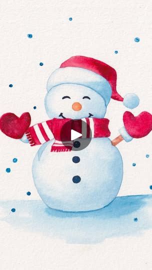 a watercolor painting of a snowman wearing a santa hat and scarf