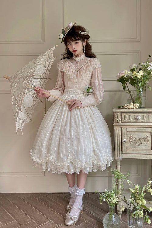 Ivory Elegant Vintage Tulip Multi-Layer Ruffled Classic Lolita Skirt D – LolitaInside Fitted A-line Skirt With Ruffles, Feminine Cream Dress With Ruffled Skirt, White Long Sleeve Dress With Ruffled Skirt, Cream Tiered Skirt Dress With Lace Trim, Feminine Cream Tiered Dress, Feminine Skirted Dress For Party, Elegant Cream Tiered Skirt Dress, Beige Fitted Dress With Ruffled Skirt, Fitted Beige Dress With Ruffled Skirt