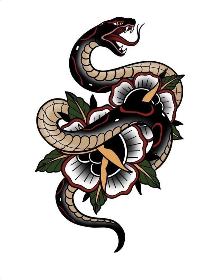 a tattoo design with a snake and flowers on it