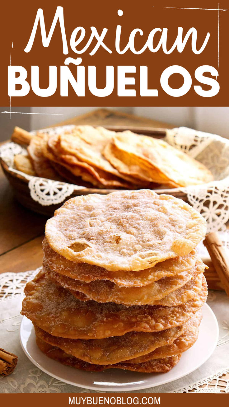 mexican bunuelos stacked on top of each other with cinnamon sticks in the background