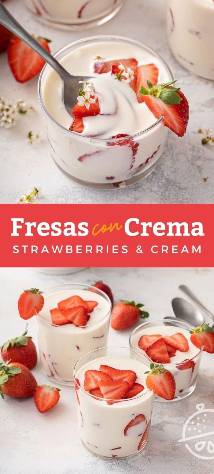 fresh strawberries and cream in small bowls with spoons on the side, ready to be eaten