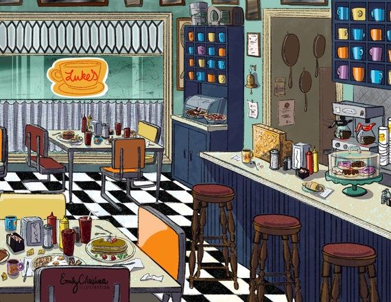 the interior of a diner with checkered flooring and counter tops, including stools