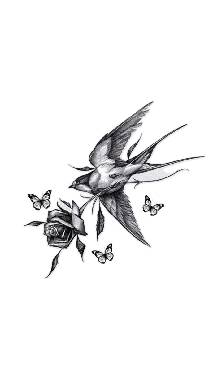 a black and white drawing of two birds flying over flowers with butterflies in the background