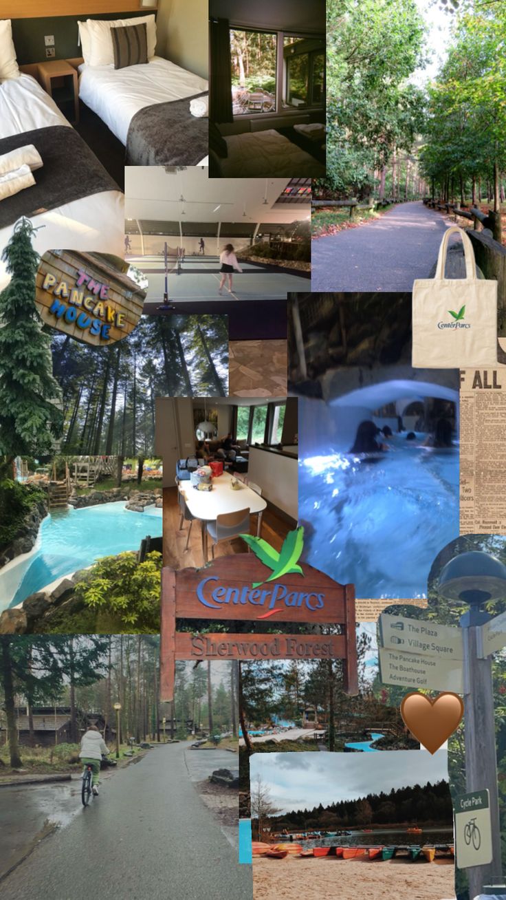 a collage of photos with various things in them including trees, buildings and signs