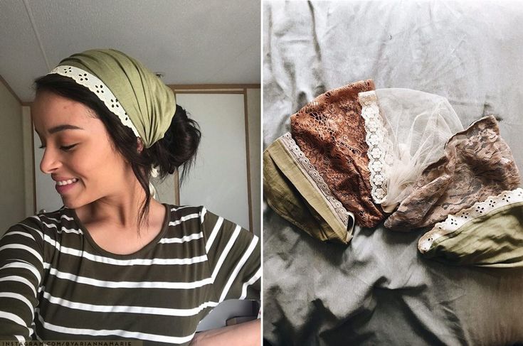 there is a woman wearing a head scarf next to an image of clothes on a bed