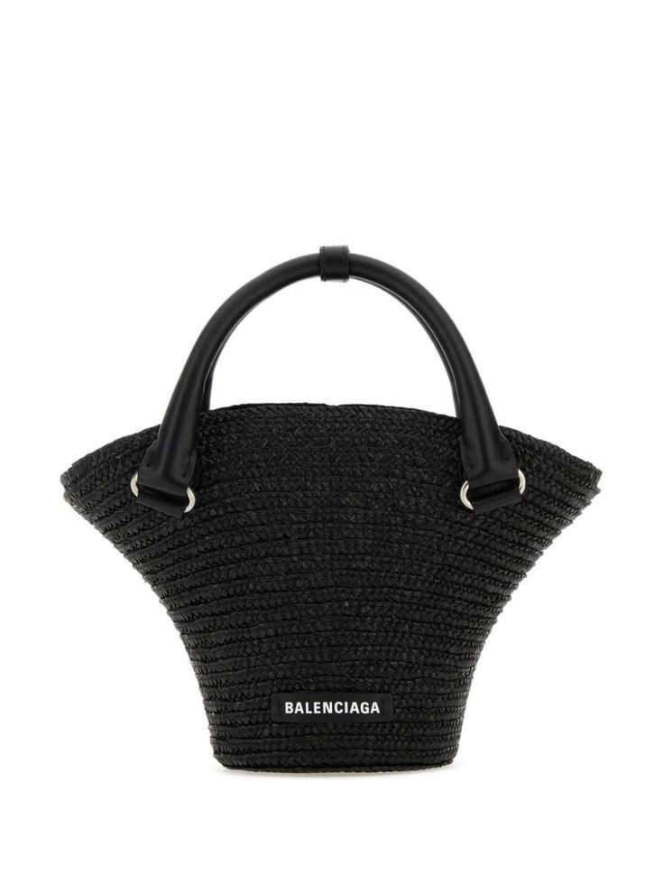 black straw woven raffia design logo patch to the front open top main compartment internal logo stamp internal slip pocket two top handles adjustable detachable shoulder strap Balenciaga Tote Bag, Bucket Bag Style, Balenciaga Tote, Planet People, Tote Bag Black, Woven Raffia, Mini Tote Bag, Bag Style, Mini Tote