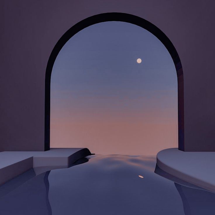 an arch leading into the sky with a full moon in the distance at sunset or dawn