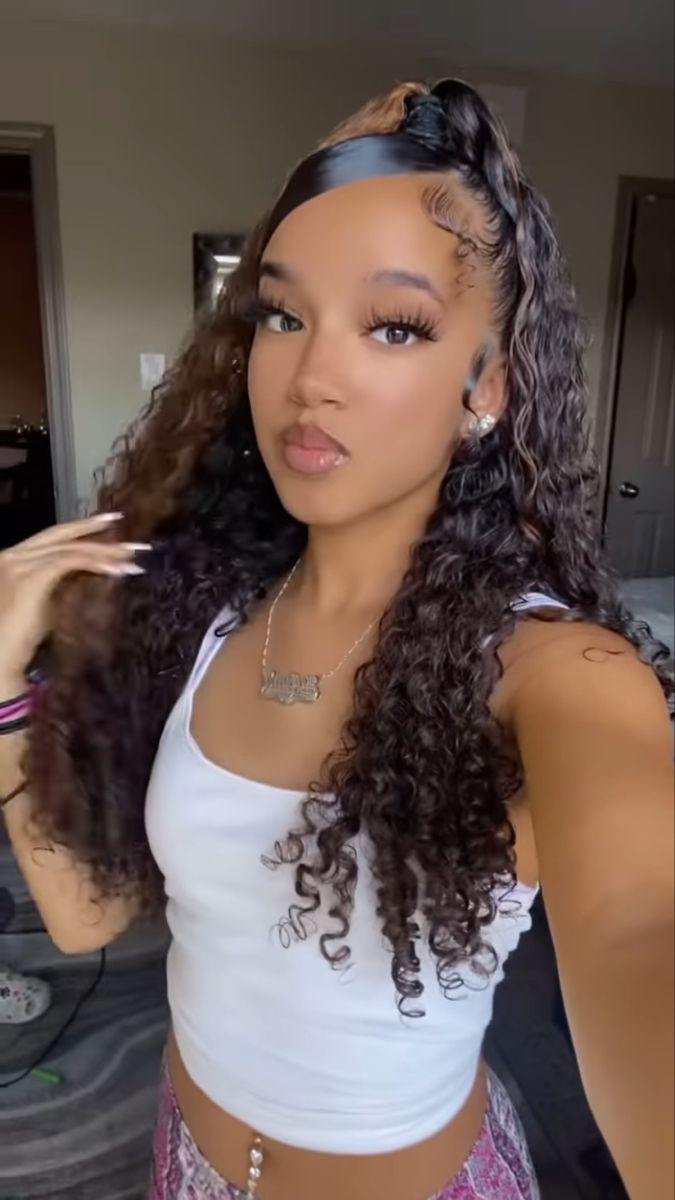 Natural Baddie Hairstyles Curly￼, Bday Hairstyles Ideas Curly Hair, Hairstyles For Light Skin Women, Half Up Half Down Slick Back Curly Hair, Slick Front Hair Down Curly, Slick Hairstyles Curly Hair, Curly Hair Elegant Styles, Slick Hairstyles Baddie Curly Hair, Cute Curly Hairstyles For Black Women