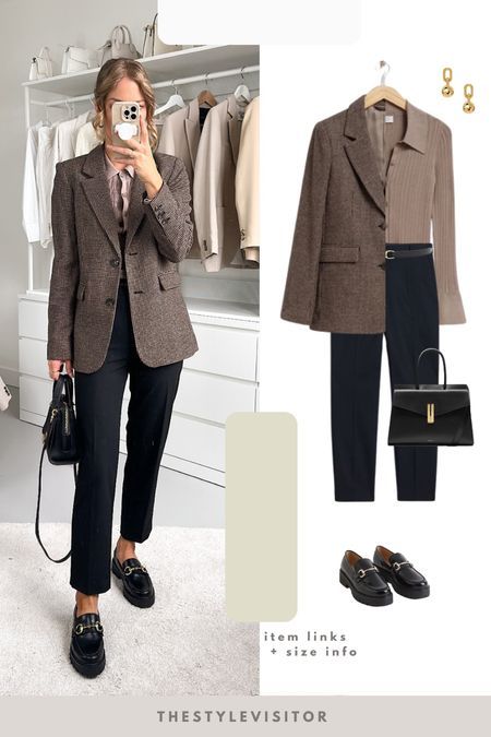 Black And Brown Business Outfit, Taupe Blazer Outfit Work, Work Outfits For Short Women, Checkered Pants Outfit Work, Brown Checkered Blazer Outfit, Brown Checked Blazer Outfit, Winter Office Shoes, Taupe Blazer Outfit, Dark Brown Blazer Outfit