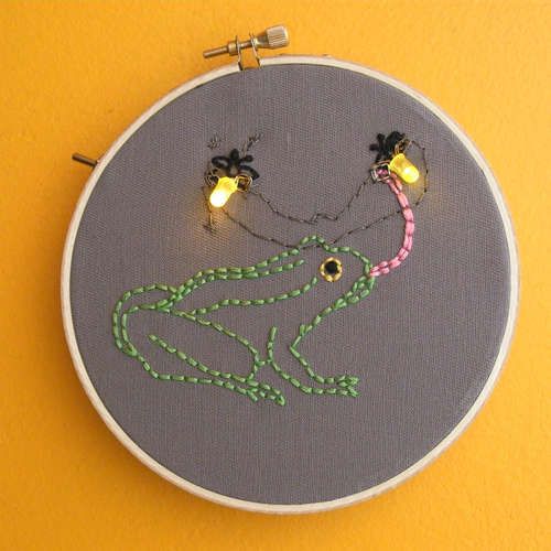 an embroidery project with two bees on it's face and green beads around the eyes