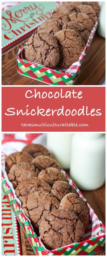 chocolate snickkerdoodles in a red and green box