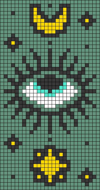 a pixellated image of a monster face with yellow eyes and black hair, on green background