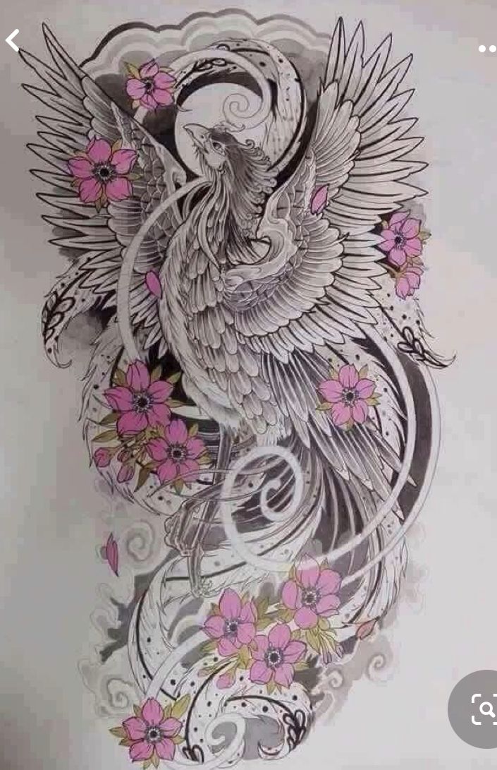 a drawing of a bird with pink flowers on it's wings and swirls