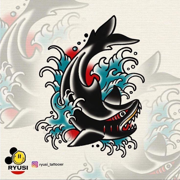 an artistic tattoo design with a shark and waves