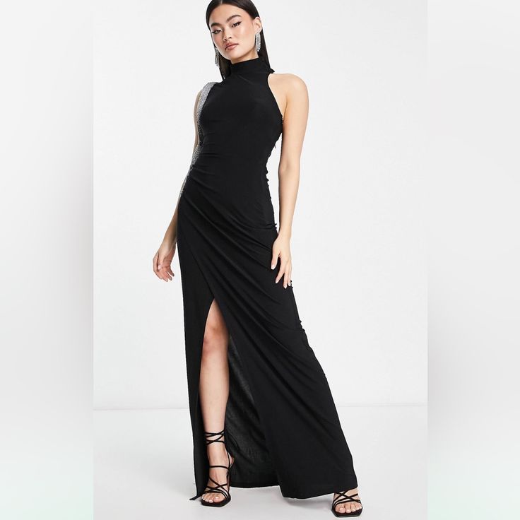 Never Work Black High Neck Gown. Open Back With A Slit Black One Piece Dress, Sleeveless Dress Pattern, High Neck Sleeveless Dress, High Neck Black Dress, High Neck Gown, Round Of Applause, Dress With Split, Dress High Neck, Black Halter Dress