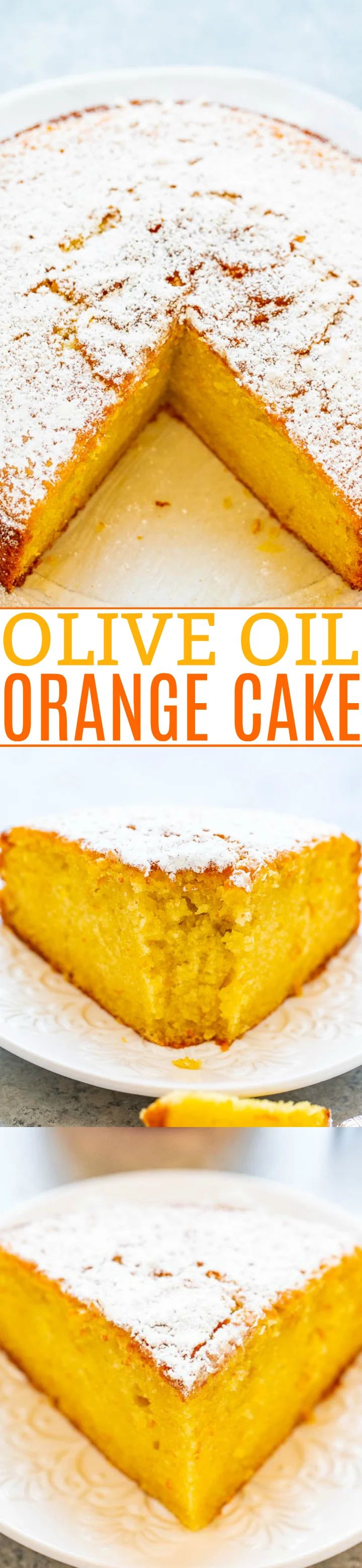 three slices of orange cake sitting on top of each other with the words olive oil orange cake above them