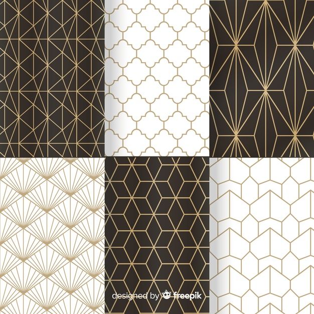 four different types of wallpapers in gold and brown colors, each with a geometric design