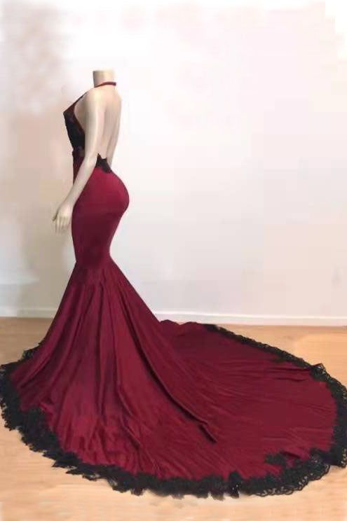 عنابي هالتر عميق الخامس الرقبة فستان حفلة موسيقية حورية البحر مع الدانتيل، ثوب مسائي طويل Floor-length Gown With Lace Back And Fitted Bodice, Fitted Ball Gown With Detachable Train For Prom, Prom Ball Gown With Detachable Train, Fitted Fishtail Gown For Prom Season, Floor-length Lace Back Gown For Prom, Prom Mermaid Dress With Fishtail And Back Opening, Formal Mermaid Dress With Long Train, Elegant Fitted Fishtail Gown, Fitted Fishtail Gown