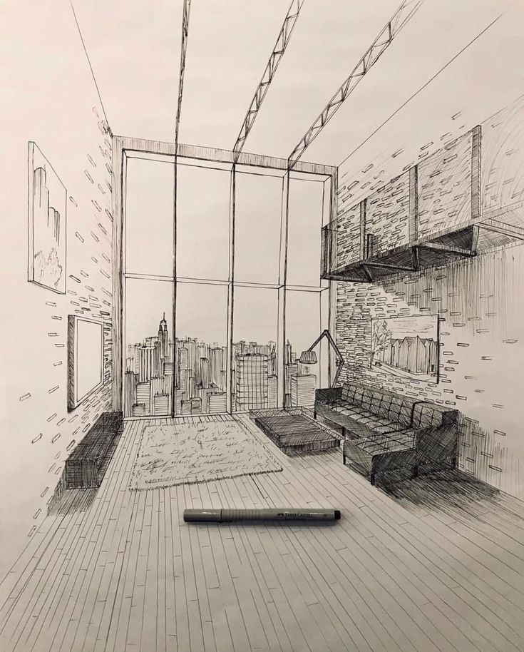 a drawing of a living room with couches and shelves on the wall next to it