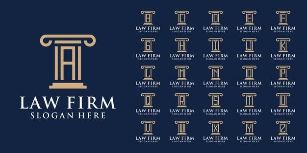 the law firm logo is shown in gold and white on a dark blue background with an elegant