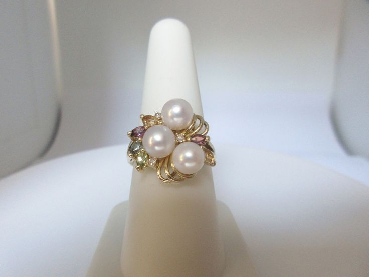 Vintage 14K Solid Gold Japanese Pearl & Gemstone Ring *  Sides Measure Approx 16.6mm Wide 3- 6.2mm Pearls June Birthstone *  5.5 Grams  Size 8  .63 ctw Diamond, Aquamarine, Citrine, Peridot, Amethyst Something Beautiful and Amazing Just Like You Are Elegant and Beautiful of Heirloom Quality R1539 Pearl Diamond Ring, Japanese Pearls, Ring Marquise, Pearl And Diamond Ring, Jewelry Lookbook, June Birthstone, Akoya Pearls, Pearl Gemstone, Pearl Diamond