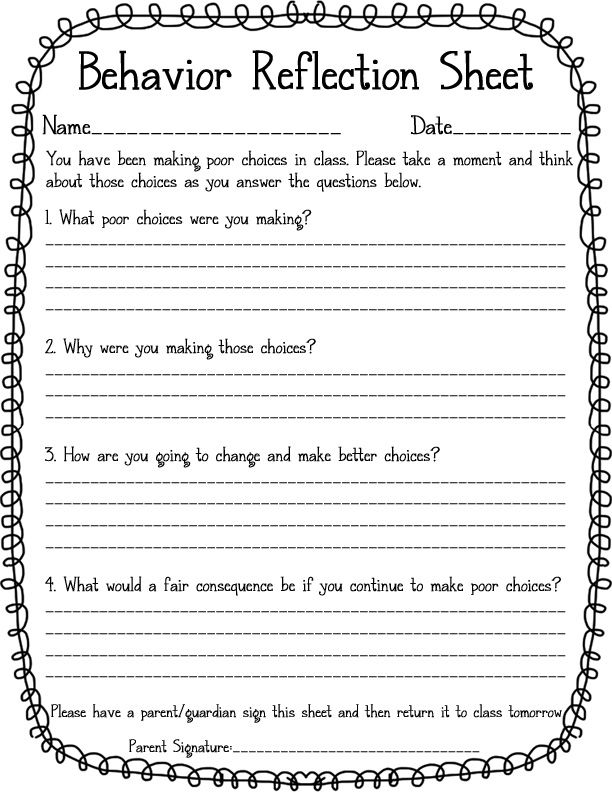 the behavior reflection sheet is shown in black and white