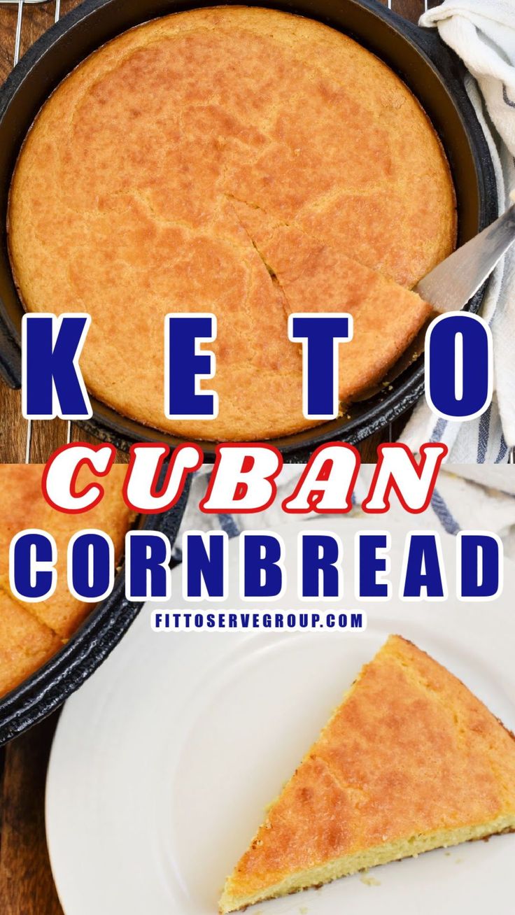 a close up of a pie on a plate with the words keto cuban cornbread