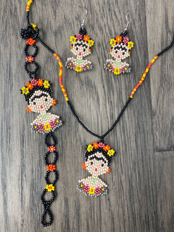 Handmade beaded set  Bracelet: 7 inches, adjustable  Earrings: 2 inches long, including hook  Necklace: 17 inches long Hook Necklace, Set Bracelet, Stretch Ring, Orange Earrings, Native American Fashion, Colorful Earrings, Gorgeous Earrings, Beaded Flowers, Beaded Earrings