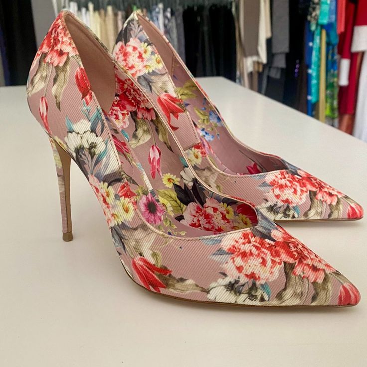 Nwot Stunning Flower Heels From Aldo Chic Spring Heels With Floral Print, Chic Floral Print Heels For Spring, Chic Spring Floral Print Heels, Chic Open Toe Heels With Floral Print, Floral Print Heels For Spring, Fitted Floral Print Heels For Spring, Beige High Heel Court Shoes For Spring, Spring Heels With Floral Print And Ankle Strap, Chic Floral Print Heels With Round Toe