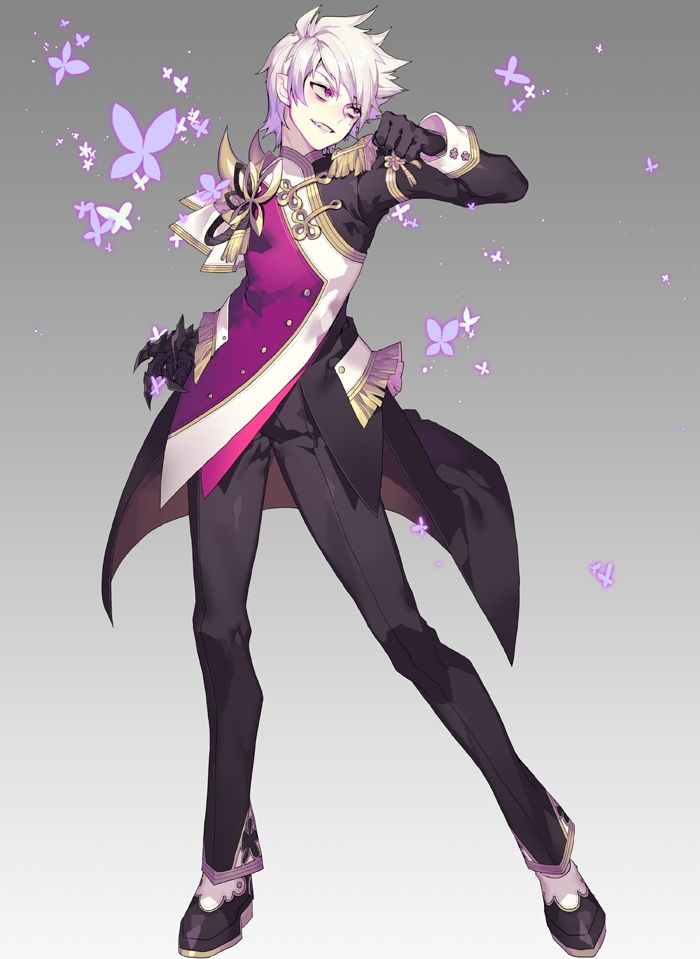 an anime character with white hair and black pants, standing in front of purple butterflies