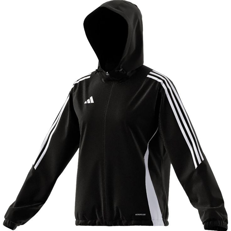 adidas Women's Tiro 24 Windbreaker. Don't let the wind wear you down in training. Zip pockets. Aeroready technology wicks sweat. 100% Polyester. Adidas Athleisure Track Jacket For Sports, Adidas Functional Track Jacket For Sports, Sporty Adidas Windbreaker With Logo, Adidas Moisture-wicking Track Jacket, Adidas Functional Windbreaker With Logo, Adidas Moisture-wicking Sportswear Track Jacket, Adidas Sporty Track Jacket For Training, Black Nylon Hooded Activewear, Black Hooded Nylon Activewear