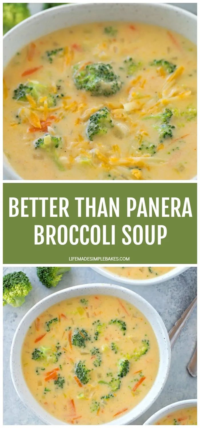 broccoli soup in a white bowl with the words, better than panera broccoli soup