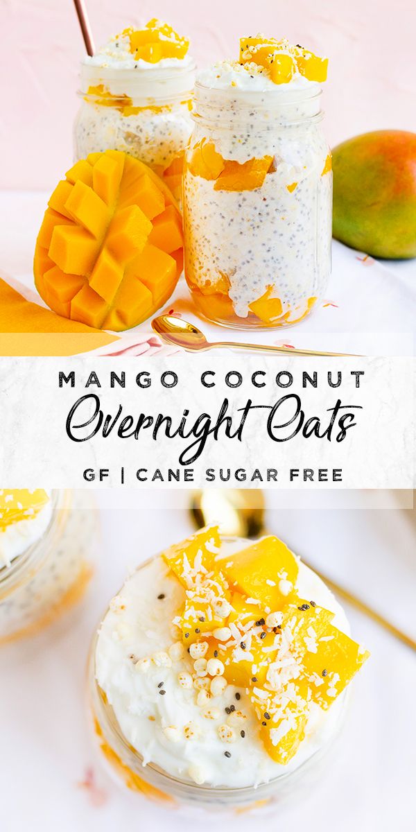 mango coconut overnight oats in mason jars on a white table with oranges and other fruit